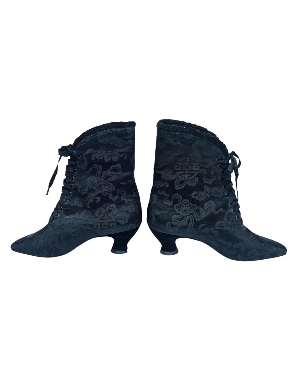 Vintage 90s Natori Victorian Edwardian Black Brocade Lace Up Booties Sz 10B